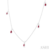 1/4 ctw Round Cut Diamonds and 5X3MM Pear Shape Ruby Precious Station Necklace in 14K White Gold