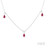 1/4 ctw Round Cut Diamonds and 5X3MM Pear Shape Ruby Precious Station Necklace in 14K White Gold