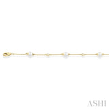 1/20 Ctw 4 MM Cultured Pearl and Round Cut Diamond Fashion Station Bracelet in 14K Yellow Gold