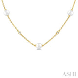 3 MM Round Shape Cultured Pearl and 1/8 Ctw Round Cut Diamond Station Necklace in 14K Yellow Gold