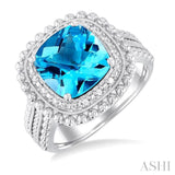 1/20 ctw Cushion Shape 10X10 MM Blue Topaz and Round Cut Diamond Semi Precious Ring in Sterling Silver