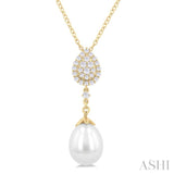 1/5 Ctw Sunflower 9X7 MM Cultured Pearl Drop and Round Cut Diamond Fashion Pendant With Chain in 14K Yellow Gold