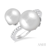 1/4 ctw Open Bypass 8X8MM and 10X10MM Cultured Pearl and Round Cut Diamond Fashion Ring in 14K White Gold