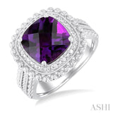 1/20 ctw Cushion Shape 10X10 MM Amethyst and Round Cut Diamond Semi Precious Ring in Sterling Silver