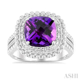 1/20 ctw Cushion Shape 10X10 MM Amethyst and Round Cut Diamond Semi Precious Ring in Sterling Silver