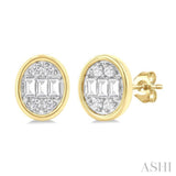 1/5 Ctw Petite Bezel Set Oval Shape Fusion Baguette and Round Cut Diamond Fashion Stud Earring in 10K Yellow Gold