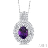 1/20 ctw Oval Cut 9X7 MM Amethyst and Round Cut Diamond Semi Precious Pendant With Chain in Sterling Silver