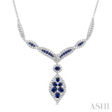 2 1/2 ctw Entwined Chevron Frame Marquise Accent Sapphire and Round Cut Diamond Precious Necklace in 14K White Gold