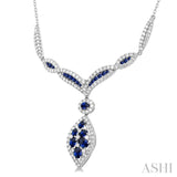 2 1/2 ctw Entwined Chevron Frame Marquise Accent Sapphire and Round Cut Diamond Precious Necklace in 14K White Gold