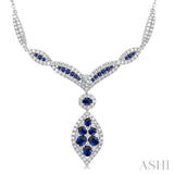 2 1/2 ctw Entwined Chevron Frame Marquise Accent Sapphire and Round Cut Diamond Precious Necklace in 14K White Gold