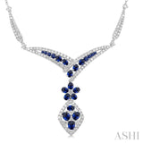 2 1/2 ctw Chevron Floral Accent Sapphire and Round Cut Diamond Precious Necklace in 14K White Gold