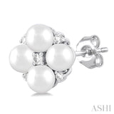 1/20 Ctw Floral 3 MM Cultured Pearl and Round Cut Diamond Fashion Stud Earring in 10K White Gold