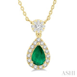 1/3 ctw Pear Cut 6X4MM Emerald and Round Cut Diamond Lovebright Precious Necklace in 14K Yellow Gold