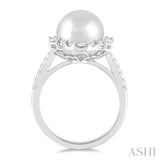 10MM Cultured Pearl and 3/4 Ctw Hexagon Shape Round Cut Diamond Ring in 14K White Gold