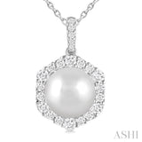 10 MM Cultured Pearl and 5/8 ctw Hexagon Shape Round Cut Diamond Pendant With Chain in 14K White Gold