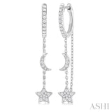 1/3 Ctw Crescent Moon & Star Round Cut Diamond Chain Dangler Hoop Earring in 10K White Gold