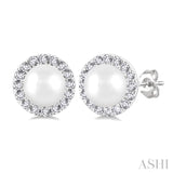 4.5MM White Pearl and 1/8 ctw Round Cut Diamond Halo Stud Earrings in 14K White Gold