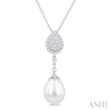 1/5 Ctw Sunflower 9X7 MM Cultured Pearl Drop and Round Cut Diamond Fashion Pendant With Chain in 14K White Gold