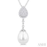 1/5 Ctw Sunflower 9X7 MM Cultured Pearl Drop and Round Cut Diamond Fashion Pendant With Chain in 14K White Gold