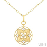 1/4 Ctw Floral Medallion Circle Round Cut Diamond Fashion Pendant With Paperclip Chain in 14K Yellow Gold