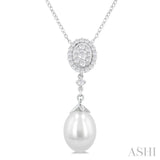 1/5 Ctw Sunflower 9X7 MM Cultured Pearl Drop and Round Cut Diamond Fashion Pendant With Chain in 14K White Gold