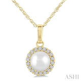 5 MM Cultured White Pearl and 1/20 Ctw Single Cut Diamond Halo Pendant With Chain in 14K Yellow Gold