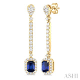 6x4 MM Emerald Cut Sapphire and 7/8 ctw Round Cut Diamond Halo Precious Earrings in 14K Yellow Gold