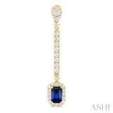6x4 MM Emerald Cut Sapphire and 7/8 ctw Round Cut Diamond Halo Precious Earrings in 14K Yellow Gold