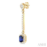6x4 MM Emerald Cut Sapphire and 7/8 ctw Round Cut Diamond Halo Precious Earrings in 14K Yellow Gold