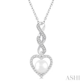 7 MM Round Shape Cultured Pearl and 1/4 ctw Heart Frame Round Cut Diamond Fashion Pendant With Chain in 10K White Gold