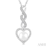7 MM Round Shape Cultured Pearl and 1/4 ctw Heart Frame Round Cut Diamond Fashion Pendant With Chain in 10K White Gold