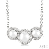 1/8 Ctw Past, Present & Future 4MM & 3MM Cultured Pearl and Round Cut Diamond Halo Pendant With Chain in 14K White Gold