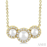 1/8 Ctw Past, Present & Future 4MM & 3MM Cultured Pearl and Round Cut Diamond Halo Pendant With Chain in 14K Yellow Gold