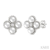 3 MM Clover Cultured Pearl and 1/50 Ctw Round Cut Diamond Fashion Earrings in 10K White Gold