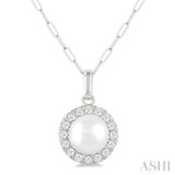 6 MM Cultured White Pearl and 1/6 Ctw Single Cut Diamond Halo Pendant With Chain in 14K White Gold