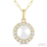 6 MM Cultured White Pearl and 1/6 Ctw Single Cut Diamond Halo Pendant With Chain in 14K Yellow Gold