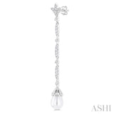 9X7 MM Marquise Link Teardrop Cultured Pearl and 1/2 ctw Round Cut Diamond Long Earring in 14K White Gold