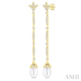 9X7 MM Marquise Link Teardrop Cultured Pearl and 1/2 ctw Round Cut Diamond Long Earring in 14K Yellow Gold