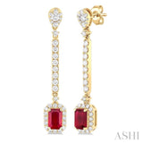 6x4 MM Emerald Cut Ruby and 7/8 ctw Round Cut Diamond Halo Precious Earrings in 14K Yellow Gold