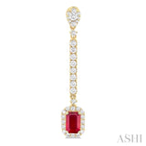 6x4 MM Emerald Cut Ruby and 7/8 ctw Round Cut Diamond Halo Precious Earrings in 14K Yellow Gold
