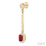 6x4 MM Emerald Cut Ruby and 7/8 ctw Round Cut Diamond Halo Precious Earrings in 14K Yellow Gold