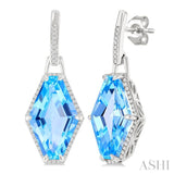 16x10 MM Hexagon Shape Blue Topaz and 1/4 ctw Round Cut Diamond Halo Semi Precious Earrings in 14K White Gold