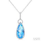 22X10 MM Pear Cut Blue Topaz and 1/3 Ctw Round Cut Diamond Halo Semi-Precious Pendant With Chain in 14K White Gold