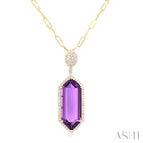26x10 MM Hexagon Shape Amethyst and 1/2 ctw Round Cut Diamond Halo Semi-Precious Pendant With Chain in 14K Yellow Gold