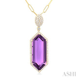 26x10 MM Hexagon Shape Amethyst and 1/2 ctw Round Cut Diamond Halo Semi-Precious Pendant With Chain in 14K Yellow Gold