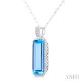 26x12 MM Emerald Cut Blue Topaz and 1/2 ctw Round Cut Diamond Halo Semi Precious Pendant With Paperclip Chain in 14K White Gold