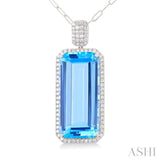 26x12 MM Emerald Cut Blue Topaz and 1/2 ctw Round Cut Diamond Halo Semi Precious Pendant With Paperclip Chain in 14K White Gold