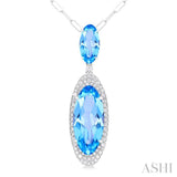 18x8 MM & 10x5 MM Oval Cut Blue Topaz and 1/3 ctw Round Cut Diamond Halo Semi Precious Pendant With Chain in 14K White Gold