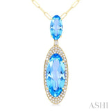 18x8 MM & 10x5 MM Oval Cut Blue Topaz and 1/3 ctw Round Cut Diamond Halo Semi Precious Pendant With Chain in 14K Yellow Gold