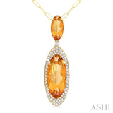 18x8 MM & 10x5 MM Oval Cut Citrine and 1/3 ctw Round Cut Diamond Halo Semi Precious Pendant With Chain in 14K Yellow Gold
